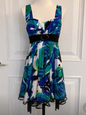 City Triangles Blue, Green & White Floral Midi Dress with Black Waistband